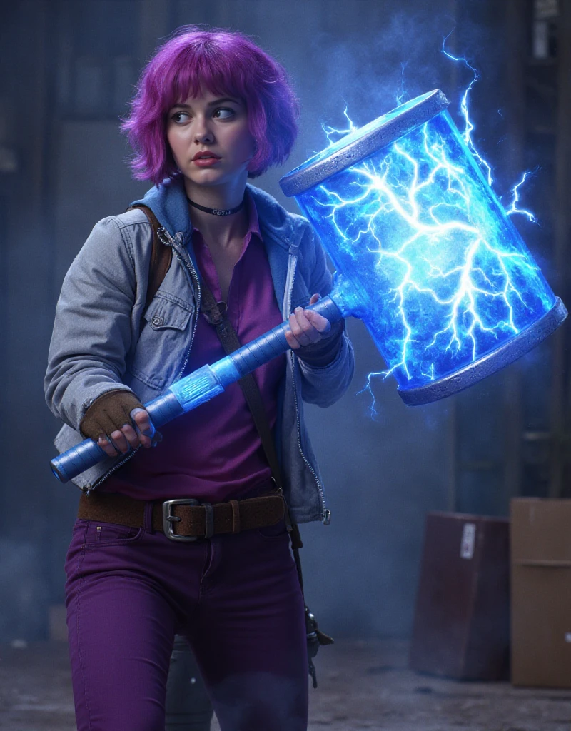 Ramona Flowers is holding a giant mystical hammer. The hammer is covered with lightning energy<lora:RamonaFlowers-000012:0.9>