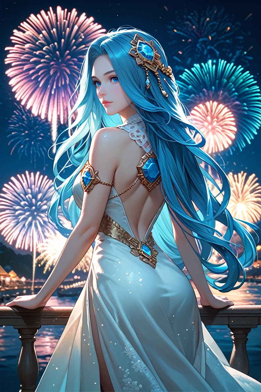 score_9, score_8_up, score_7_up,
<lora:GFLyria:0.8>
GFLyria, 1girl, blue hair, blue eyes, long hair, jewel, looking at viewer, from behind, cowboy shot, dress, looking back, fireworks, at night