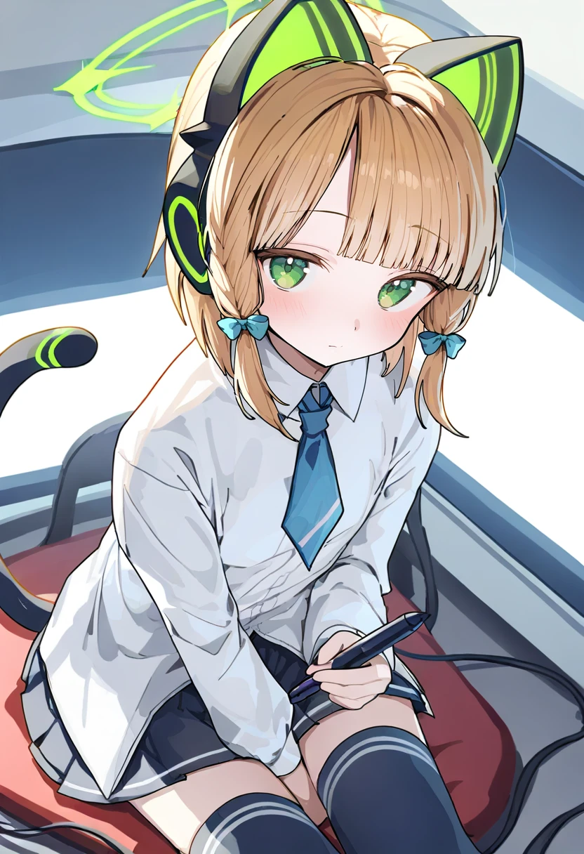 <lora:ningenMameXL_il_lokr_V53P1:0.95> 1girl, animal ear headphones, solo, headphones, cat ear headphones, green eyes, fake animal ears, hand between legs, thighhighs, midori \(blue archive\), halo, animal ears, shirt, between legs, white shirt, necktie, tail, looking at viewer, sitting, collared shirt, bangs, blonde hair, skirt, bow, long sleeves, hair bow, blue necktie, holding, black thighhighs, pleated skirt, cat tail, blush, blue bow, stylus