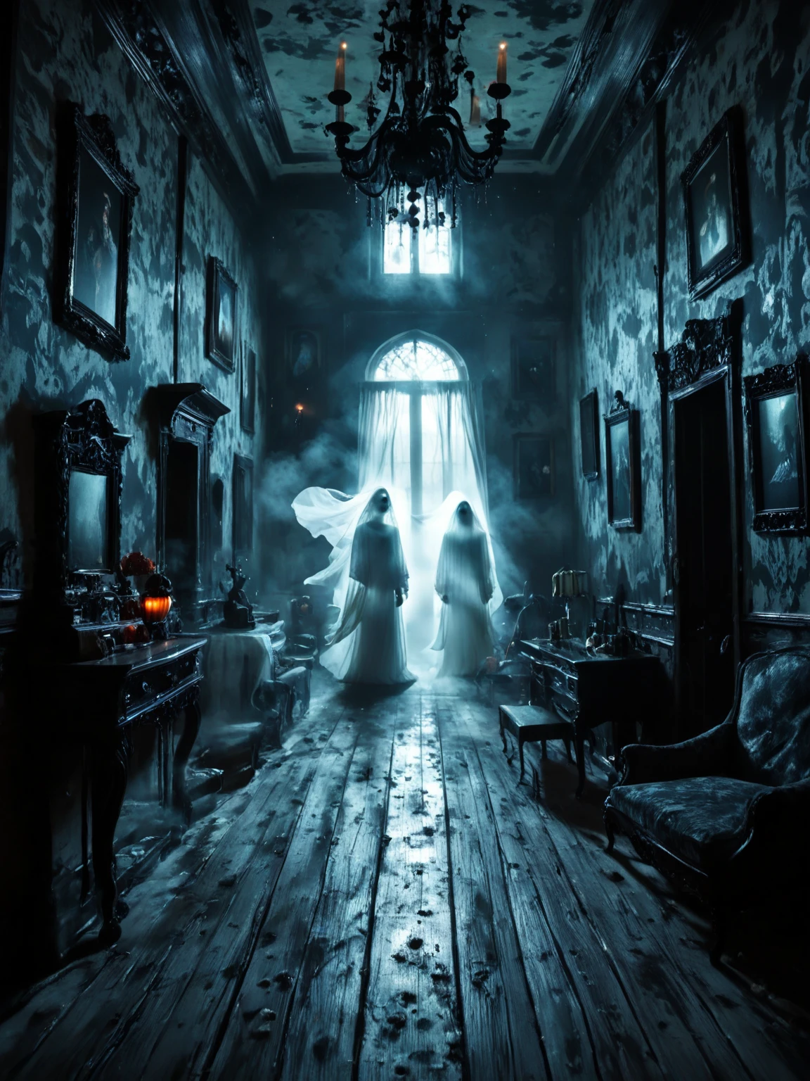 score7_up, <lora:Misty-Halloween_pXL_LOREVER-000008:1> hallomist, Photography of a ghost, indoors, in an old manor, it floating to the viewer, mist, strange atmospher, in the night, dark scenery, detailed realistic architecture, perfect contrasts, detailed shadows, low key lighting