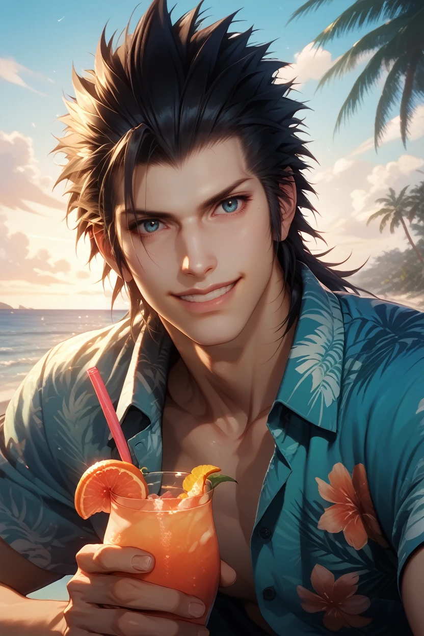 score_9, score_8_up, score_7_up,
<lora:FFZack:0.8>
FFZack, 1boy, black hair, spiked hair, blue eyes, looking at viewer, wearing a Hawaiian shirt, smiling, holding a cocktail, vibrant sunset, palm trees swaying in the breeze, tropical vibes