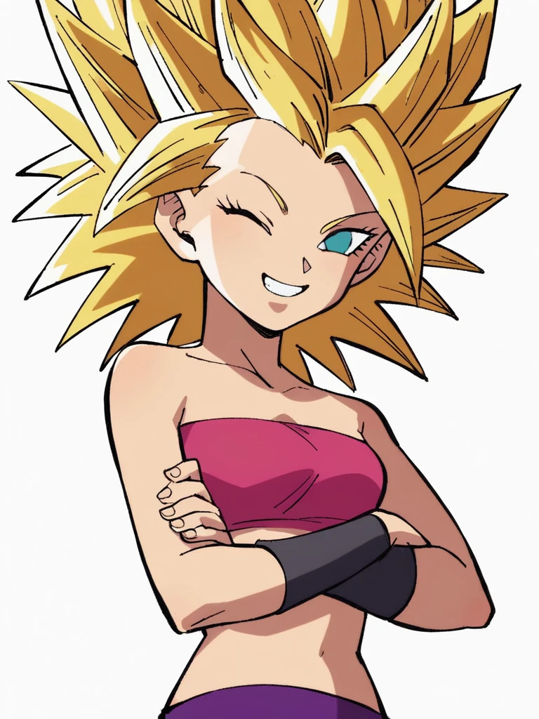 score_9, score_8_up, score_7_up, 
1girl, caulifla, spiked hair, blonde hair, medium hair, blue eyes, asymmetrical bangs,

pink tube top, midriff, purple pants, wristband,

upper body, smile, wink, crossed arms, looking at viewer,
white background, 

