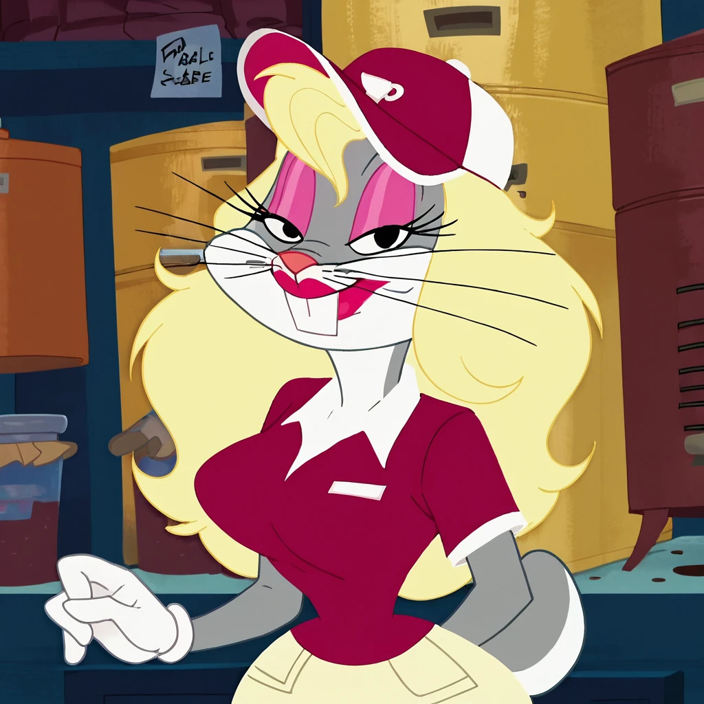 score_9, score_8_up, score_7_up, 1boy, Becky, furry, rabbit, crossdressing, baseball cap, whiskers, blonde hair, long hair, grey fur, makeup, large breasts, narrow waist, wide hips, looking at viewer, highres, high quality, masterpiece <lora:Becky_the_Barista:1>