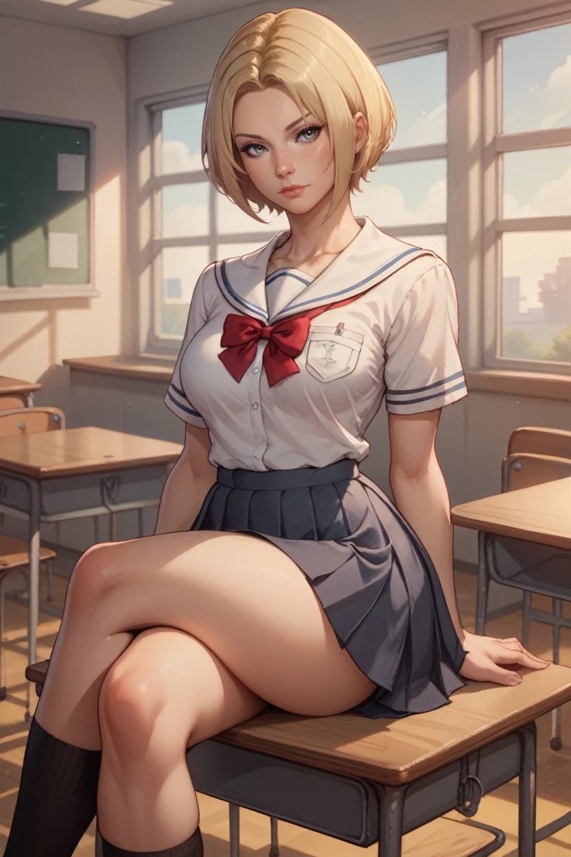 score_9, score_8_up, score_7_up,
<lora:FFBenedikta:0.8>
FFBenedikta, 1girl, blonde hair, gray eyes, short hair, looking at viewer, school uniform, classroom, sitting, crossed legs, on desk