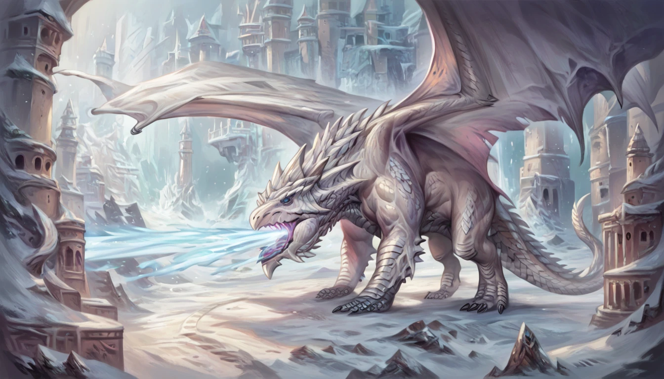 (Narse) score_9 , score_8_up, score_7_up, 2.5d, source_cartoon,   
BREAK
detailed, Feral, dnd_dragon, dragon, whitedrg, (white scales:1.5), breathing ice, beam of ice coming from mouth, (dragon tail), winter frozen ruins background, membraned wings, wings, 