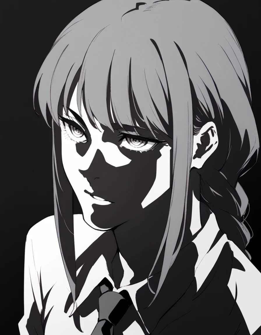 score_9, score_8_up, score_7_up, score_6_up, source_anime,
1girl,solo, <lora:mak1ma0XL_Pony_v1:0.8>
shirt, ringed eyes, long hair, necktie, braided ponytail,bangs
,simple background, black background, shade,monochrome,parody, upper body,shadow,greyscale, <lora:meme_sakkaku_pony_v2:1>