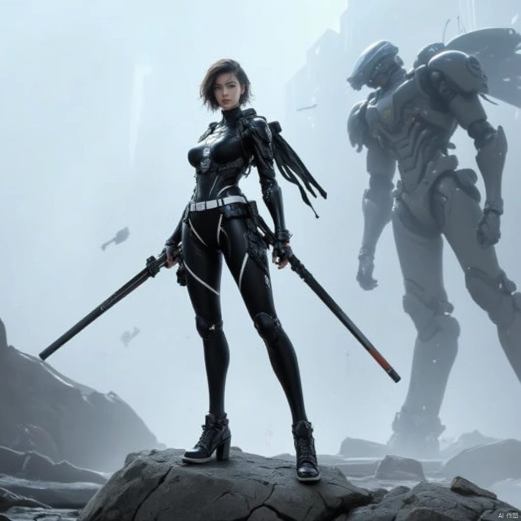 Cyber Swordsman,a female figurine stands on a rock surface,dressed in a black leather outfit adorned with a white belt. She is holding a black rifle in her right hand,her left hand resting on her hip. Her right hand is positioned in front of her right arm,while her left arm is positioned on the left. Her hair is styled in a sleek bob,adding a touch of power to the scene. The backdrop is a stark white and gray,with a robot in the upper right corner of the frame.