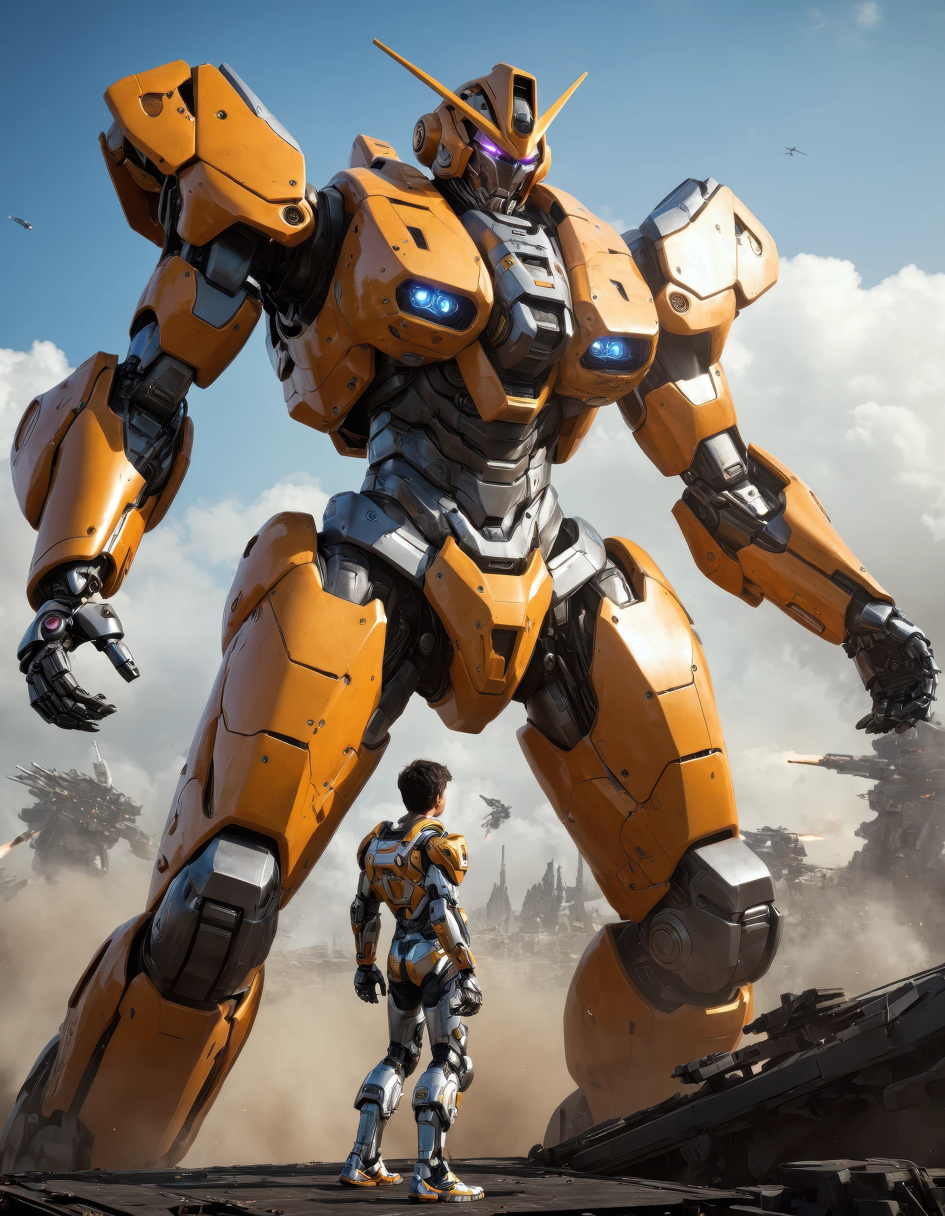 3d realistic close up , a giant mecha looking at a bird stopped on its hand fighting stance, battle, perspective