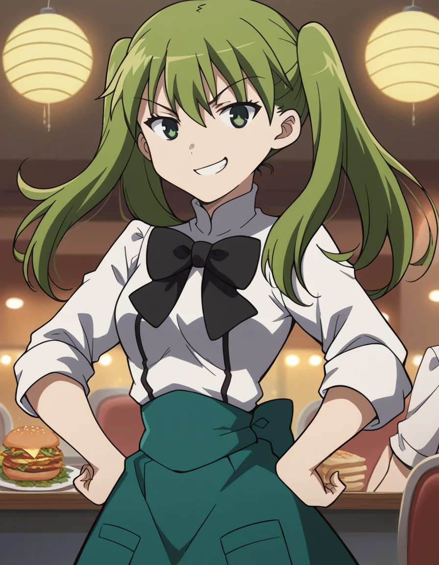 score_9, score_8_up, score_7_up, source_anime, <lora:carnivalphantasm-chikagi-katsuragi-ova-ponyxl-lora-nochekaiser:1>, chikagi katsuragi, long hair, twintails, green eyes, green hair, bangs, medium breasts, skirt, school uniform, bowtie, black bowtie, green skirt, white shirt, long sleeves, collared shirt, turtleneck,, restaurant, laughter, good food, warm lighting, celebration, smile, looking at viewer, smug, hands on hips,, solo,, dutch angle, cowboy shot