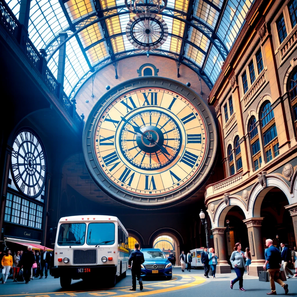 A bustling hub where time travelers meet before embarking to different eras. The architecture blends styles from various epochs, with a massive clock in the center showing multiple time zones and historical periods