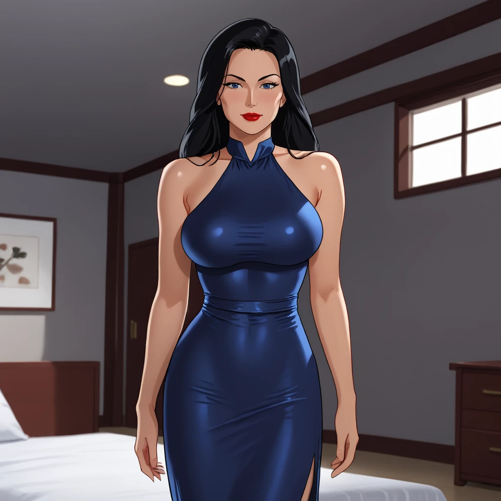 <lora:BaronessGiJoe_pony_v1:0.75> Baroness, 1girl, black hair, solo,  lipstick, large  breasts, long hair, makeup, red lips, retro artstyle,  1980s (style), cowboy shot, <lora:0932 Home wear 9_v1_pony:1> ruanyi0932,blue dress,halter dress,sleeveless,cowboy shot,taut dress,skin tight,long dress