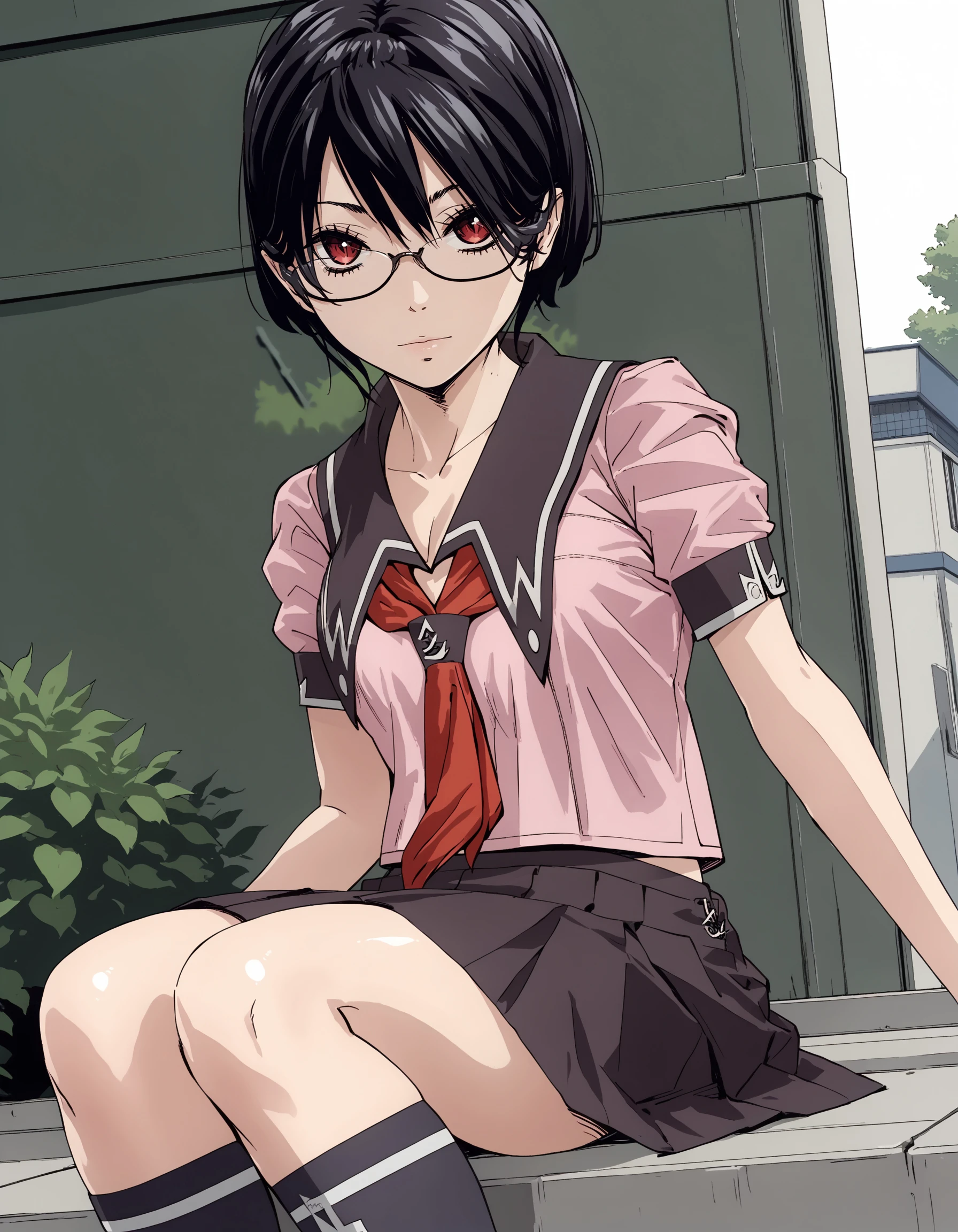 score_9, score_8_up, score_7_up
BREAK 1girl, <lora:MikaXL-v3:0.9>, m1ka, black hair, short ponytail, red eyes, glasses, school uniform, serafuku, black sailor collar, red neckerchief, pink shirt, short sleeves, pleated skirt, black skirt, kneehighs, black socks, looking at viewer, leaning back, sitting, dynamic angle, outdoors