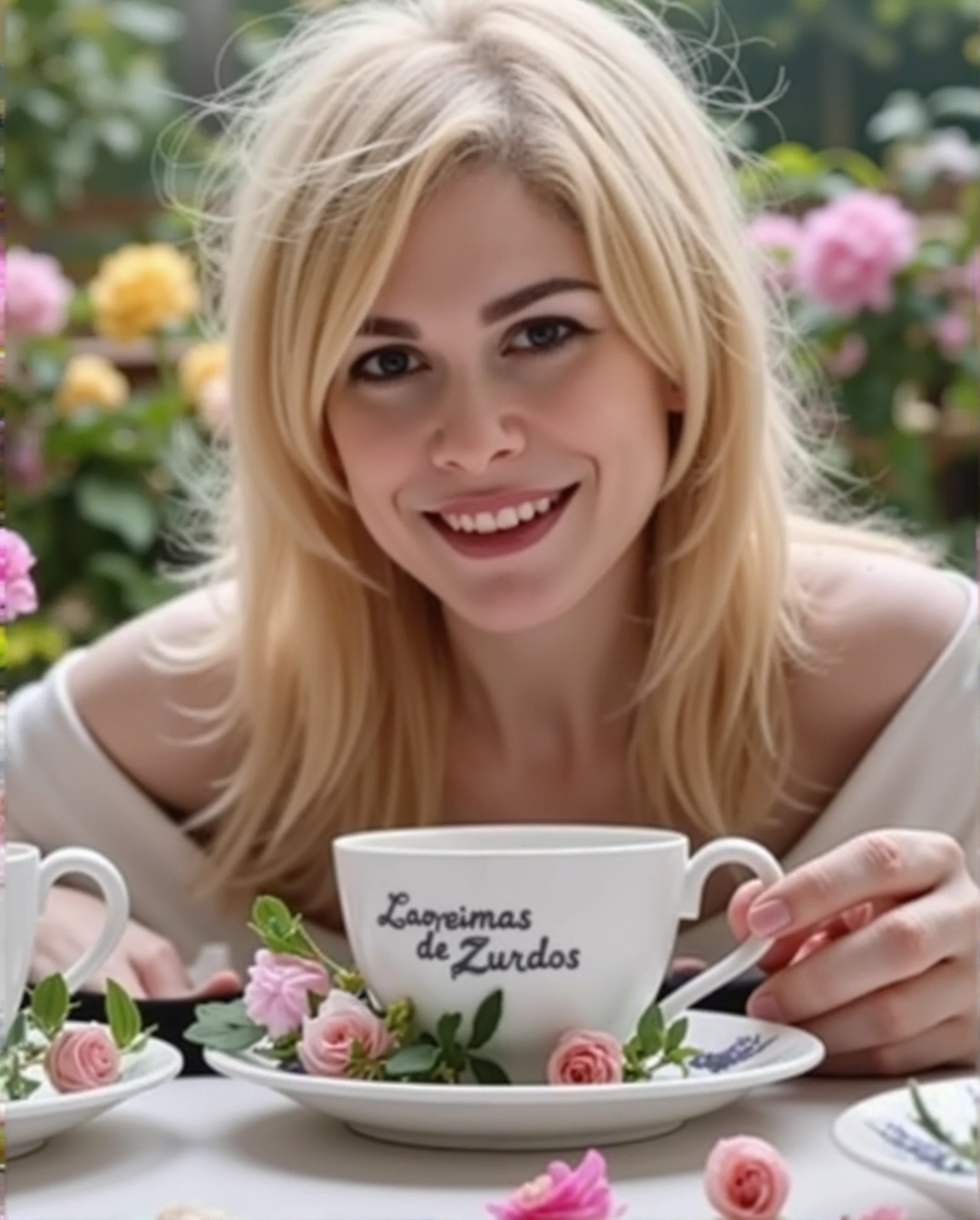 l3m01n3 with blonde long hair, having tea time around a table in a flowered garden,  Her teacup has "LAGRIMAS DE ZURDOS" written on it.<lora:flux\personas\Lemoine_Flux.safetensors:1.0:1.0>