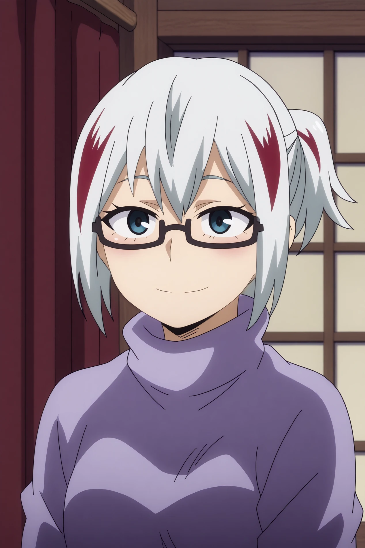  fuyumi todoroki,1girl,solo,glasses,red hair,multicolored hair,grey eyes,semi-rimless eyewear,streaked hair,white hair,turtleneck,sweater,smile,short hair BREAK indoors,japanese house,decoration,windows,curtains       Cradling face with both hands,   <lora:Fuyumi_Todoroki_-_My_Hero_Academia.safetensors:0.8>