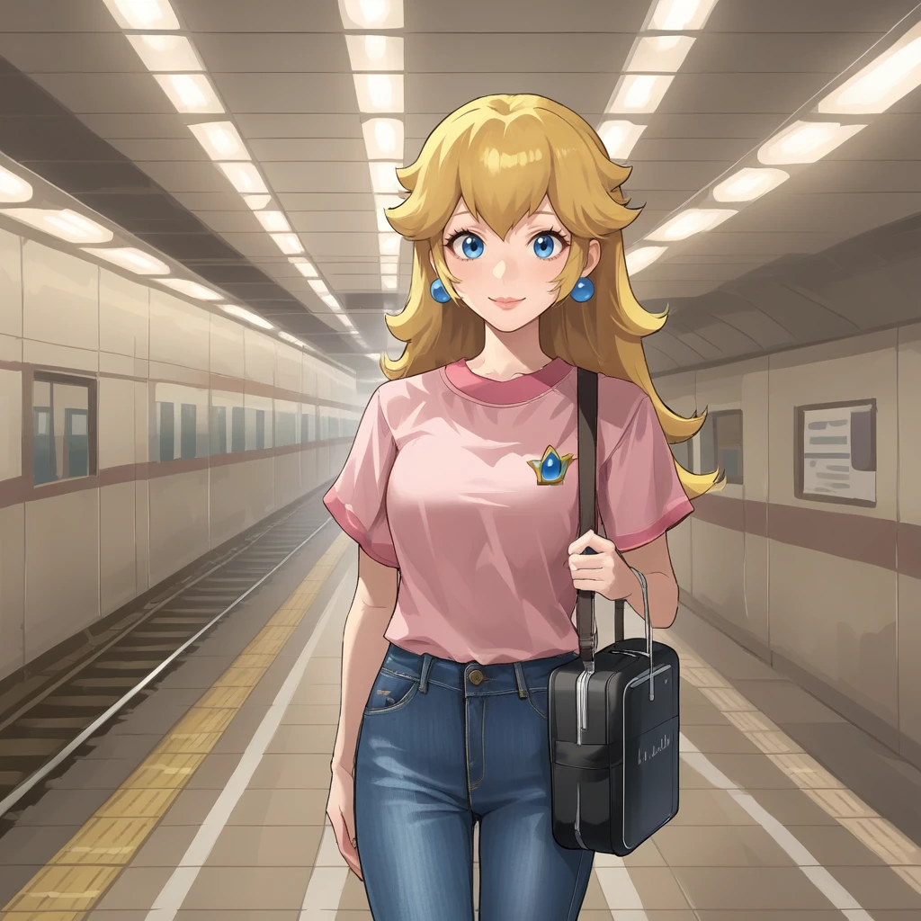 score_9, score_8_up, score_7_up, score_6_up, score_5_up, score_4_up, zPDXL2,source_anime,rating_questionable,1girl, princess peach, jeans, shirt, solo, suitcase, tourist, looking at viewer, cowboy shot, smile,  <lora:Subway_Station:0.8> sbw4y, indoors,railway tracks, lights, signs, shinkansen