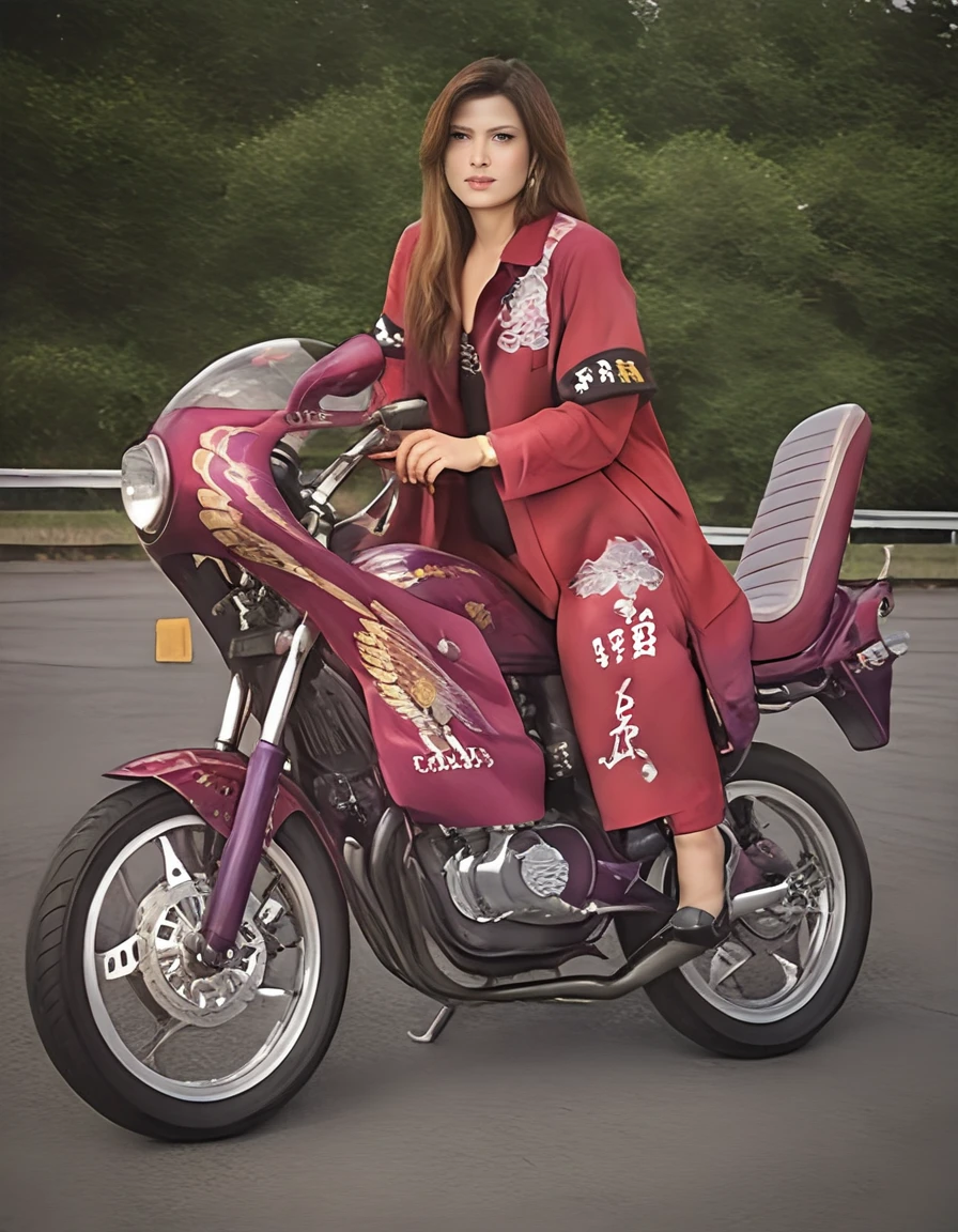 score_9, score_8_up, score_7_up, source_real, realistic, photorealistic, BREAK, 
<lora:BDpony_Zoku_Motorcycle_V1-5760:0.85>, Zoku_ Motorcycle, 1girl, photo background, solo, outdoors, looking at viewer,  vehicle focus,  <lora:BDpony_ZokuLadyCoat_V1-8640:0.8> ZokuLadyCoat, delinquent, high heels, armband, long sleeves, long coat, red pants, red jacket, bird print, long sleeves, red robe, dragon print, crane (animal),, clothes writing,