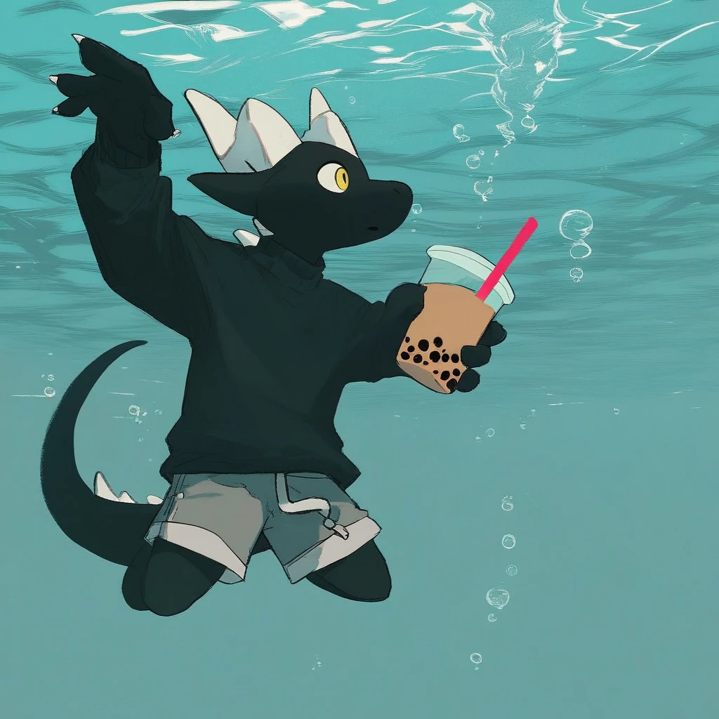 score_9_up, score_8_up, score_7_up, source_furry. mikus-concept, parody, underwater, swimming, album parody, nirvana nevermind, black dragon, black body, white horns, yellow eyes, holding, bubble tea, black sweater, gray shorts,