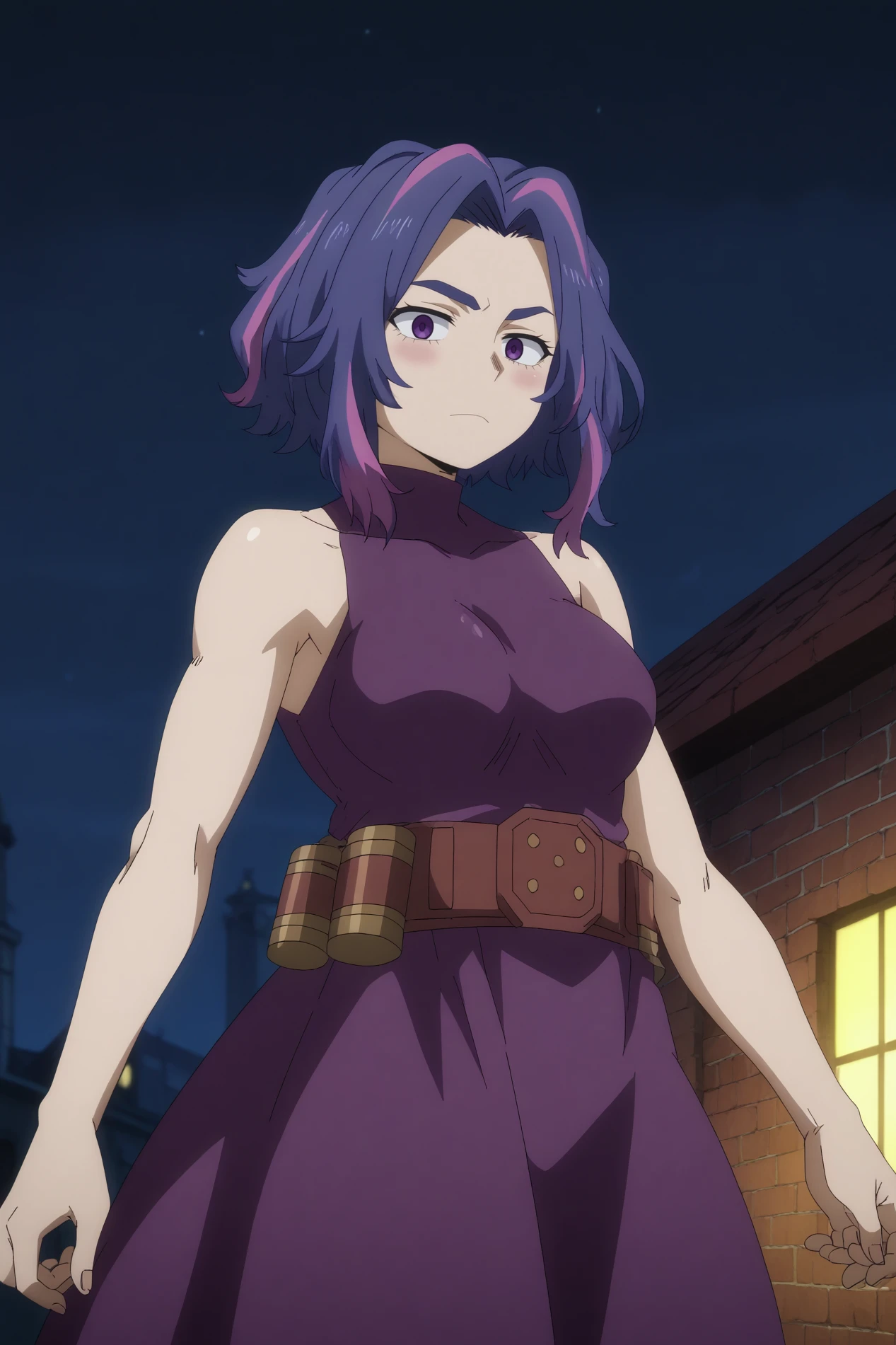  kaina tsutsumi,1girl,solo,mature,sleeveless turtleneck,sleeveless,multicolored hair,closed mouth,short hair,breasts,bare_shoulders,dress,belt, BREAK outdoors,night sky,cityscape,night   <lora:Kaina_Tsutsumi_-_My_Hero_Academia.safetensors:0.8>