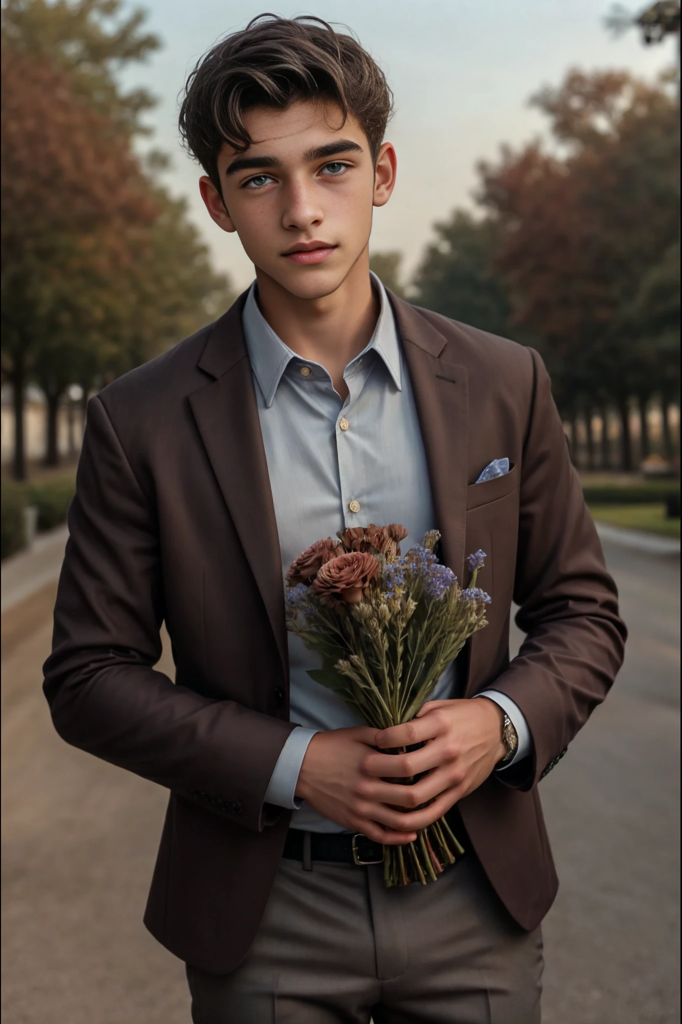 <lora:Aaron_Cohen_v1_GV:1>, An incredibly attractive, 1boy, twink, short black hair, grey eyes, young man, wearing a suit and pants with an open jacket, and dress shirt, holding a bouquet of flowers. Background: College Campus