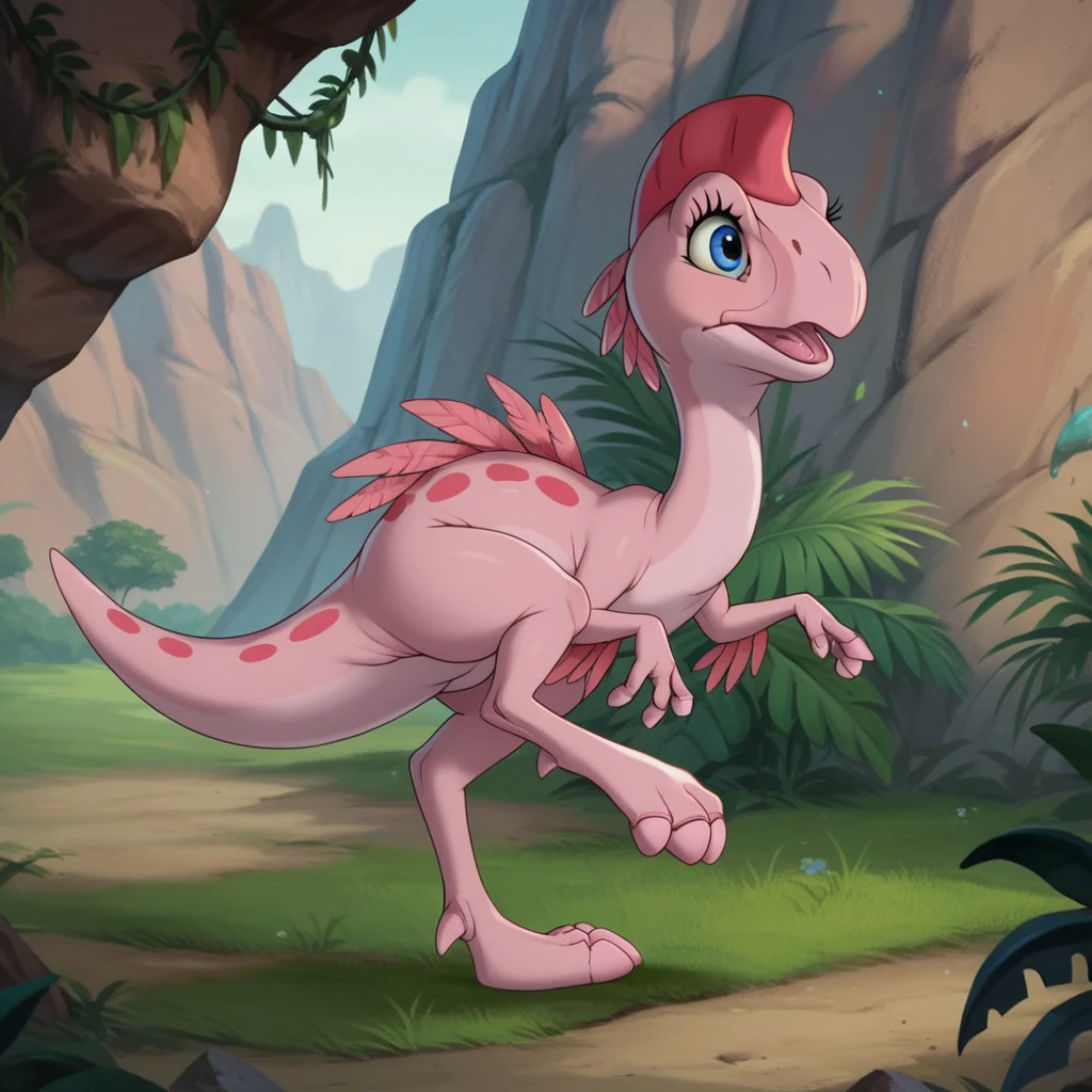 score_9, score_8_up, score_7_up, score_6_up, score_5_up, score_4_up,  source_furry, rubylbt, feral, female, Oviraptor, pink skin, crest, blue eyes, Jurassic valley,  standing , on one leg,, <lora:5163ea18-0ae9-4a19-a55f-5fb37365cc2b:0.7>