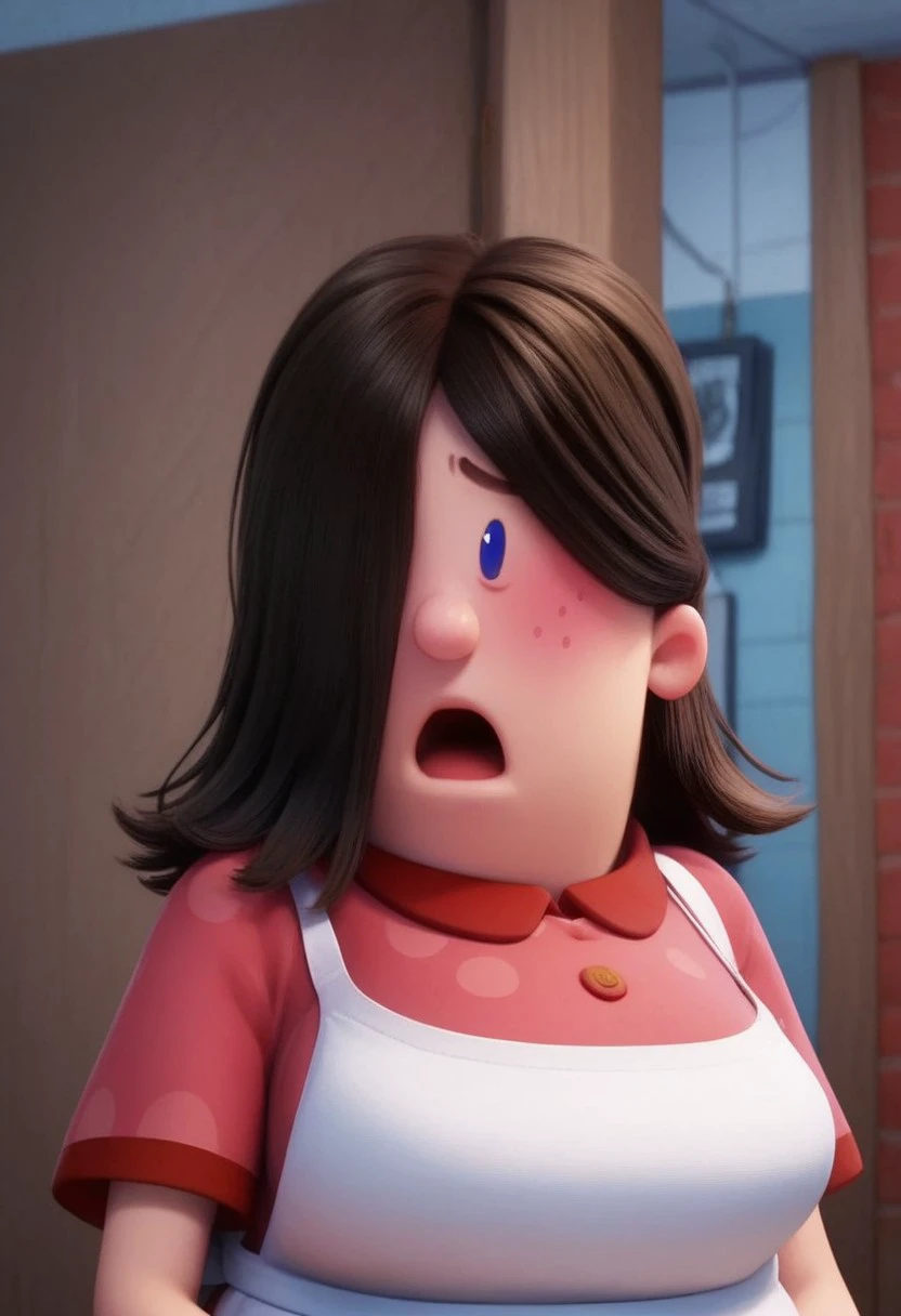 edith (captain underpants), 1girl, dark brown hair, hair over one eye, hair covering one eye, dot blue eyes, freckles, blush, pink polka dot dress, short sleeves, white apron, yellow dishwashing gloves, pink mary janes, white socks, plump, Expressiveh, shy, score_8_up, score_7_up, BREAK, 1girl, solo, closeup, fear, opened mouth, wide eyed, realistic, 3d,