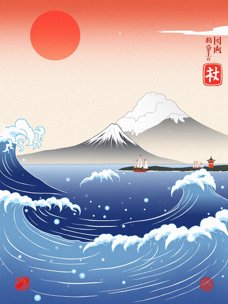 This is a ukiyo-e work depicting Mount Fuji in the center of the sea.