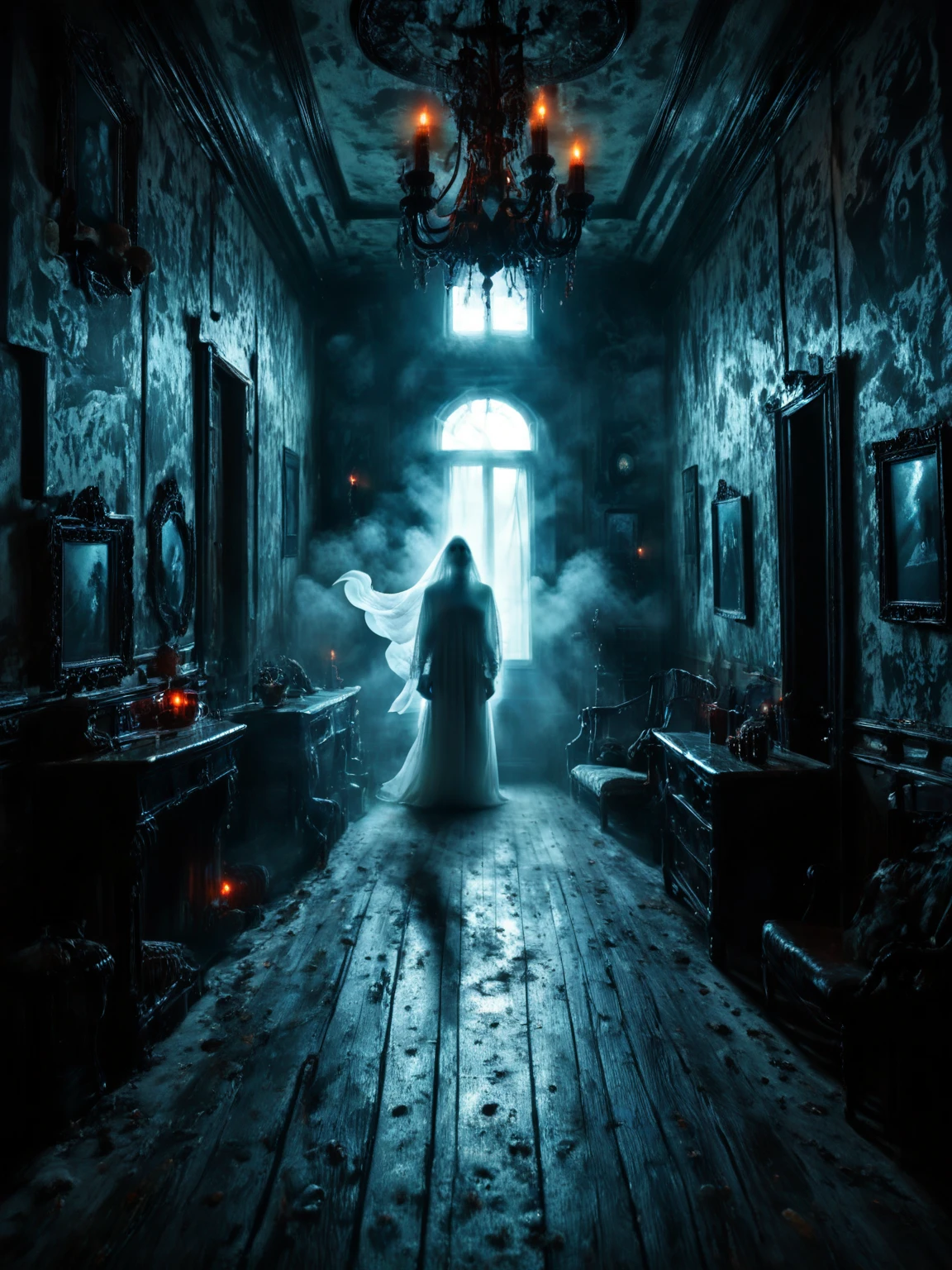 score7_up, <lora:Misty-Halloween_pXL_LOREVER-000013:1> hallomist, Photography of a ghost, indoors, in an old manor, it floating to the viewer, mist, strange atmospher,  in the night, dark scenery,  detailed realistic architecture, perfect contrasts, detailed shadows, low key lighting