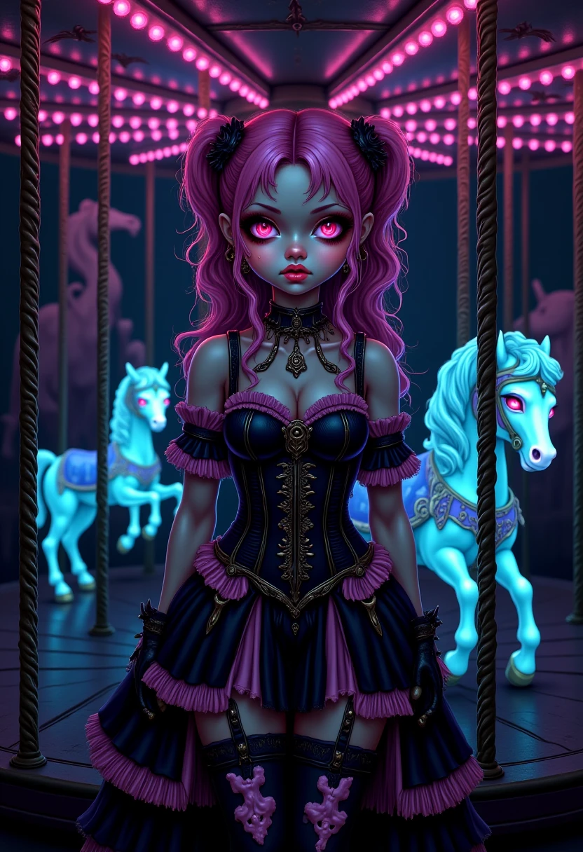 A dark circus performer dressed in pastel goth fashionâblack and pastel pink dress,  spiked choker, and skull-patterned tightsâstands in front of a carousel lit by dim  purple and green lights. The horses have glowing red eyes, giving the whole scene a  Halloween-night feel. Imagine a mix between kawaii and spooky circus horror, like  a Halloween-themed anime episode.  , PastelGothDarkCircusDaal