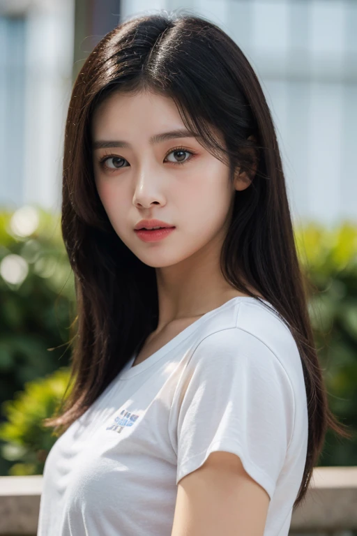 masterpiece, best quality, ultra-detailed, ultra high res, (photorealistic:1.4), raw photo, (realistic:0.2), 8k HDR, realistic cool temperature lighting, (asian:0.2), 1girl, solo, asymmetrical hair, outdoor, day, (simple background:1.2), bokeh, (detailed lips), (detailed pores), (detailed skin textures with pinkish tinge), (detailed face:1.2), (upper body:1.2), a woman in a white t-shirt, promotional image, a character portrait,