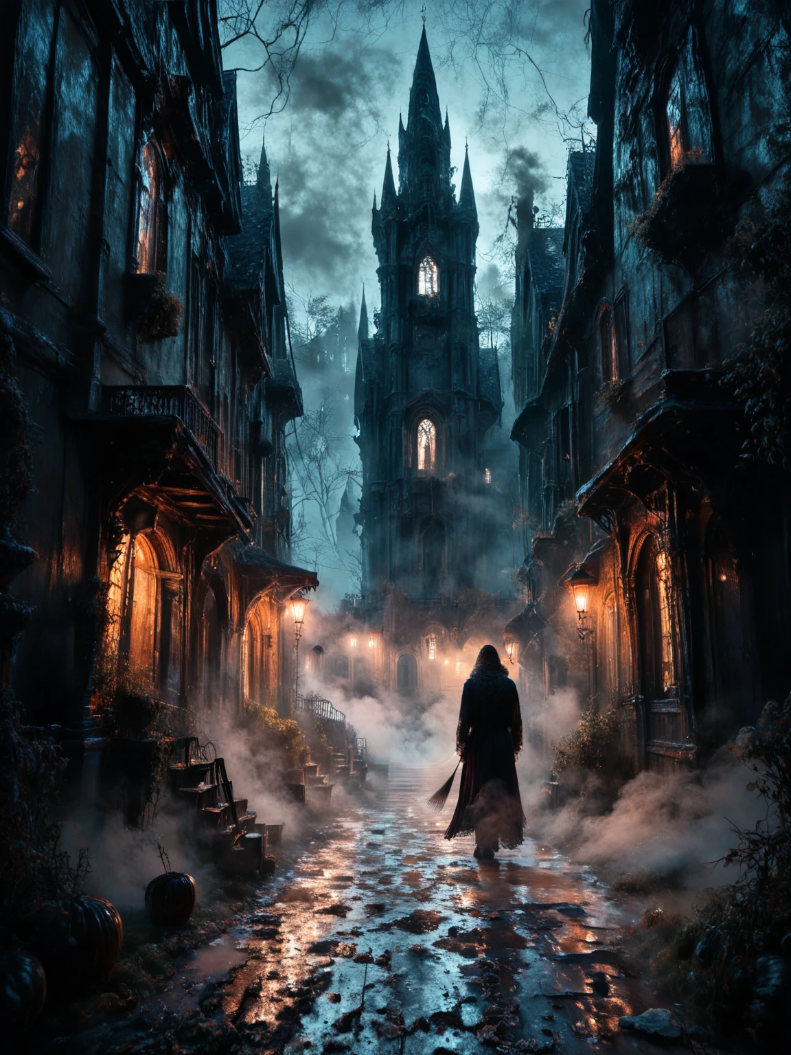 score7_up, <lora:Misty-Halloween_pXL_LOREVER-000013:1> hallomist, Photography of a manor in the mist, strange atmospher, fog, in the night, dark scenery,  detailed realistic architecture, perfect contrasts, detailed shadows, low key lighting