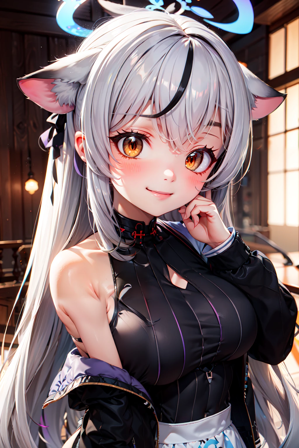(masterpiece), <lora:Beautiful_CAT_v3:0.8>, best quality, high resolution, highly detailed, perfect lighting, , (large breasts), <lora:Kokona_BlueArchive_Citron:0.8>, zzKokona, grey hair, long hair, multicolored hair, animal ears, streaked hair, black hair, halo, very long hair, tiger ears, brown eyes, orange eyes black dress, black jacket, long sleeves, vertical-striped clothes, diamond cutout, off shoulder, , upper body , solo, smiling, looking at viewer,, BREAK, leaning forward, head tilt, blush, upper body,