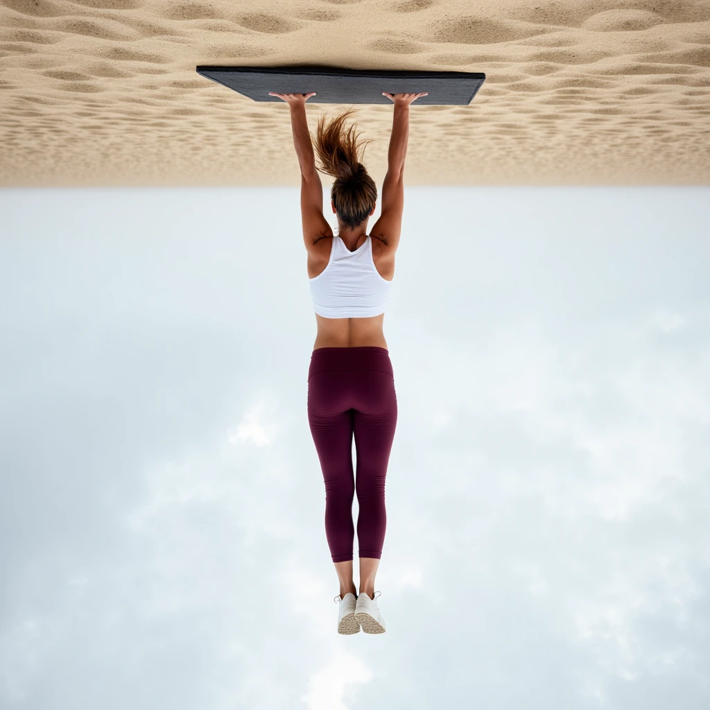 The image shows a woman performing a handstand on a sandy surface, using a mat for balance. She is wearing a white sports top and burgundy leggings and white sneakers. Due to the inversion, the sand appears to be above her, creating the illusion that she is balancing upside down on the sky, with clouds below her feet. Her body is fully extended, and the soft lighting of the scene adds to the surreal effect caused by the inverted orientation. The sky, with its light cloud cover, now occupies the bottom half of the image, enhancing the visual disorientation. Her hair floats upwards as if draw by gravity above her.