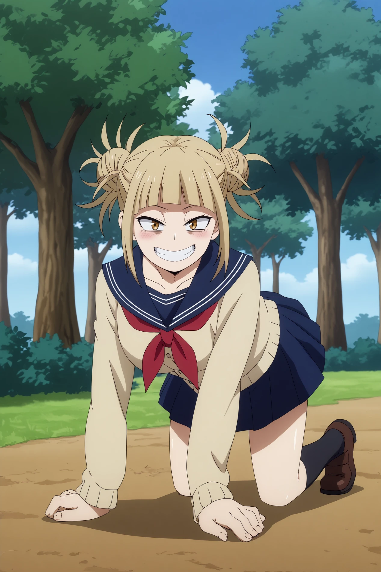  himiko toga,1girl,solo,double bun,blonde hair,hair bun,yellow eyes,messy hair, school uniform,bags under eyes,bangs,skirt,blunt bangs,smile,cardigan,blush,socks,upper body,clenched_teeth BREAK outdoors,open field,tall trees,school buildings, light breeze       all fours, ravure pose, full body, doggy style,   <lora:Himiko_Toga_-_My_Hero_Academia.safetensors:0.8>