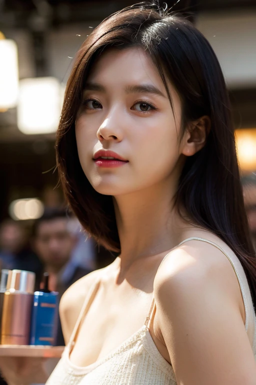 hyper realistic lifelike texture dramatic lighting unreal engine trending on art station, award winning photo, nikon RAW photo,8 k, Fujifilm XT3,masterpiece, best quality, realistic, photorealistic, ultra detailed, extremely detailed face, solo,1girl, standing, fashionable and trendy atmosphere, high-end makeup products, and a stylish expression on her face, close up, t-shirt