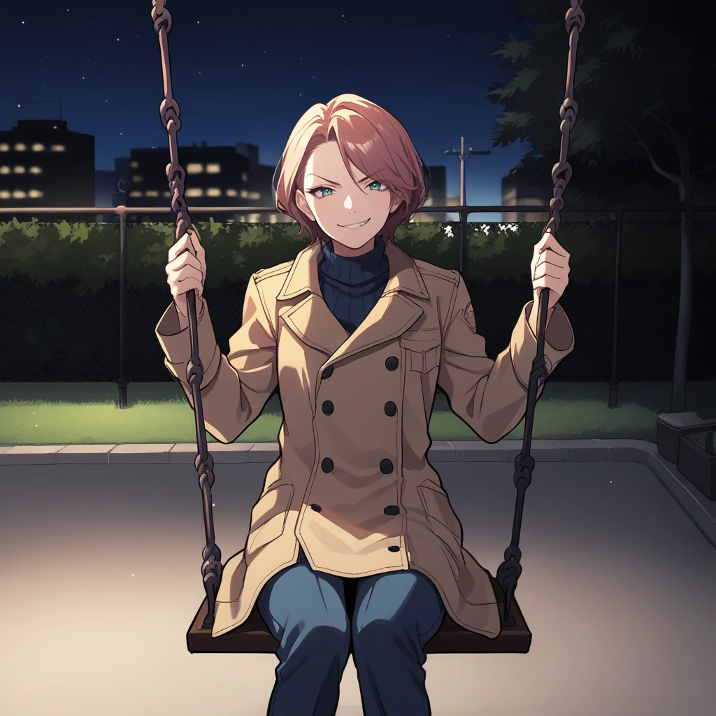 score_9, score_8_up, score_7_up, score_6_up, score_5_up, score_4_up, zPDXL2,source_anime,rating_questionable, 1girl,urban, park, night, night time, long trench coat, smirk, cowboy shot, looking at viewer, <lora:SwingSet:0.8> sw1ng, sitting, swing, outdoors,