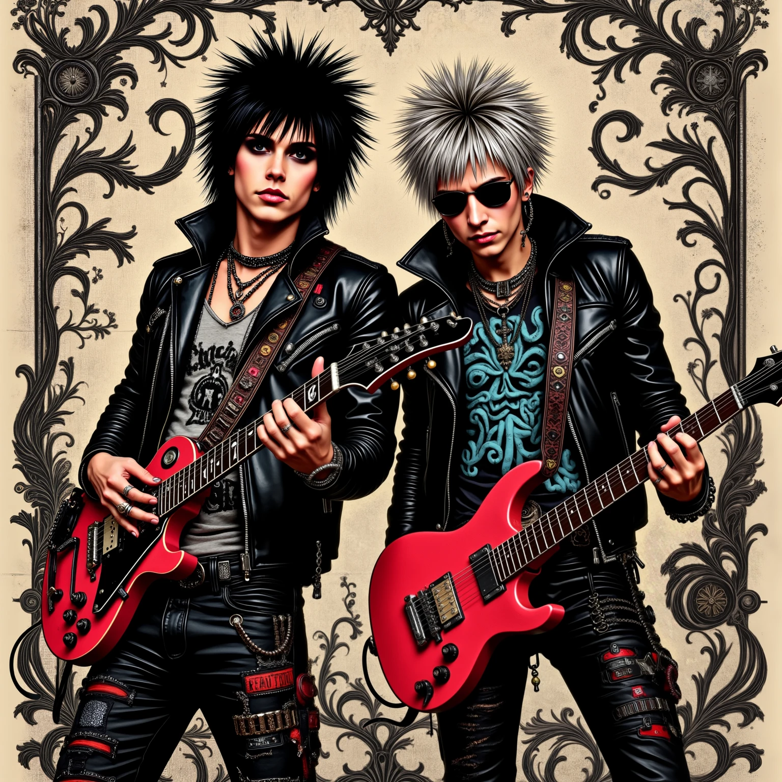 Two edgy looking punk rockers playing guitars, detailed background