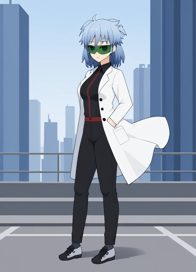 score_9, source_anime, full body, from side, jennygamerfox, human, female, 1girl, solo, blue hair, visor, lab coat, jacket, pants, black shirt, shoes , dynamic pose, outdoors, city <lora:jenny_gamerfox_oc:0.85>