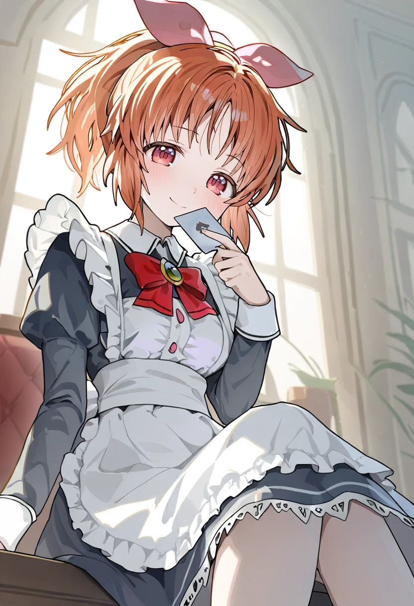 <lora:ningenMameXL_il_lokr_V53P1:0.95> 1girl, abe nana, solo, sitting, looking at viewer, smile, apron, blush, ponytail, holding, long sleeves, dress, bow, maid, red eyes, bowtie, card, bangs, red bow, orange hair, ribbon, holding card, puffy sleeves, maid apron, hair ribbon, closed mouth, white apron, juliet sleeves, feet out of frame