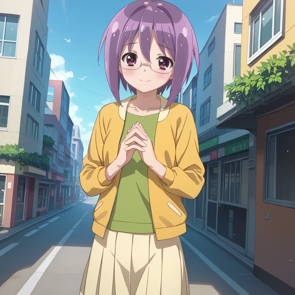 score_9, score_8_up, score_7_up, 1girl, solo, uncensored, futabaichinose, smile, closed mouth, shy, looking at viewer, own hands together, standing, glasses, dutch angle, short purple hair, green shirt, yellow jacket, white skirt, outdoors, street, city, day <lora:FutabaIchinoseXL_v1.0:1>