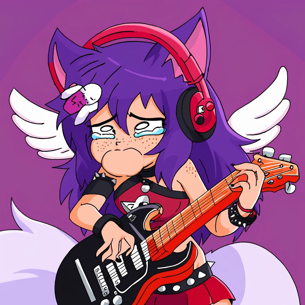 freckles, groin, red skirt, spikes, guitar, wings, bracelet, angel wings, oral invitation, cat tail, fox tail, v, tears, purple hair, indian style, 1other, headphones, closed mouth, hair ornament