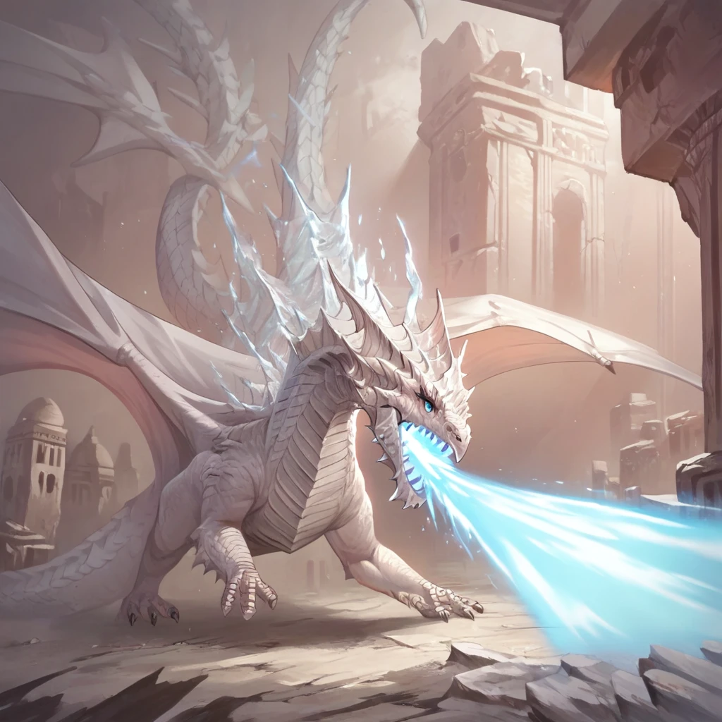 Masterpiece, score_9, score_8, score_7, highres, source_cartoon, 2.5D 
BREAK
detailed, Feral, dragon, whitedrg, (female: feral dragon:1.5), (white scales:1.5),  breathing ice, beam of ice, (dragon tail), ruins background, membraned wings, wings,