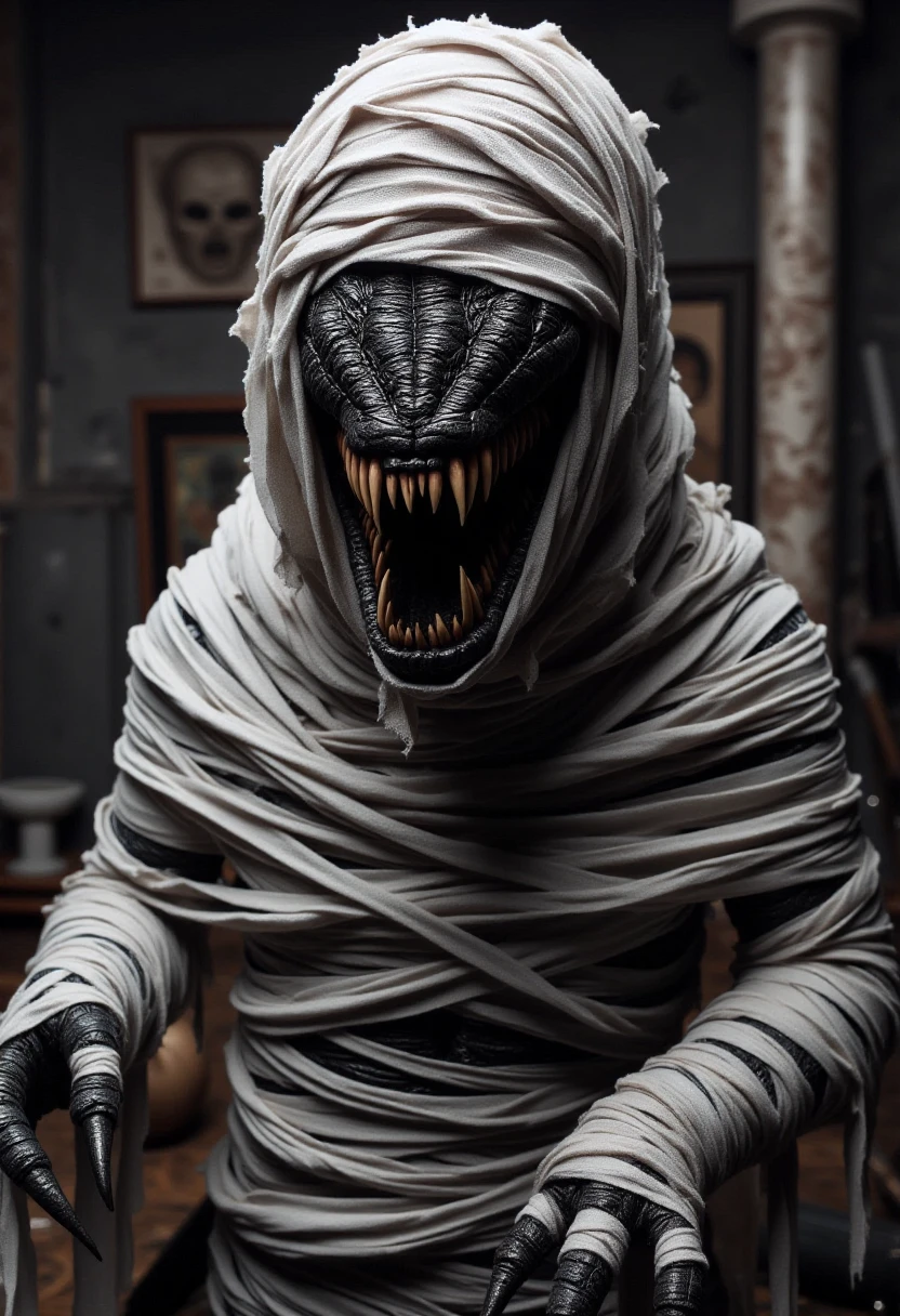 <lora:Mummifier_FLUX:0.9>
The image is a high-resolution photograph featuring a black xenomorph dressed as a mummy