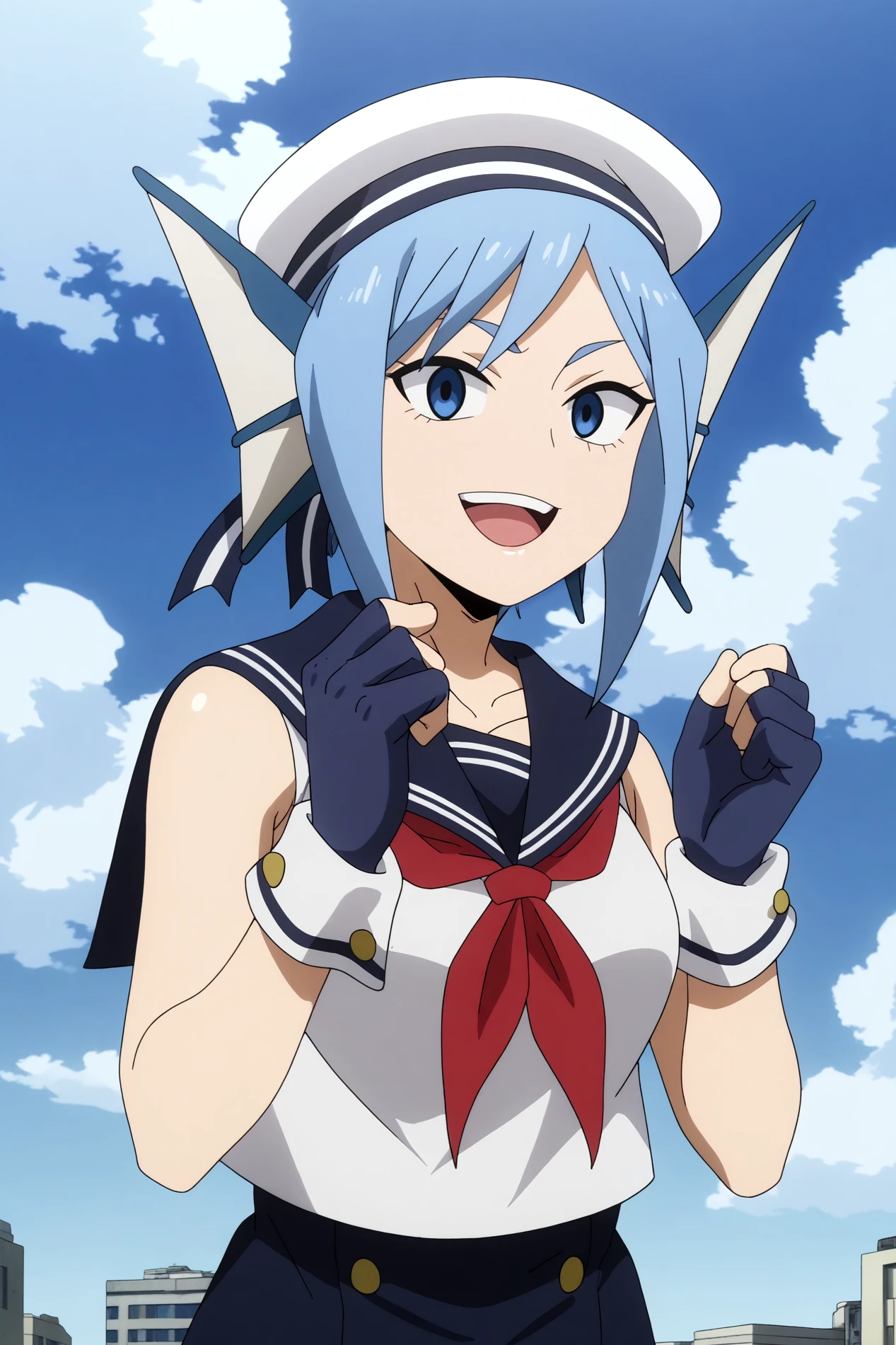 sirius,1girl,solo,hat,gloves,sailor collar,short hair,looking at viewer,head fins,sleeveless,school uniform,fingerless gloves,neckerchief,smile BREAK outdoors,blue sky,cityscape,blue sky,cloud <lora:Sirius_-_My_Hero_Academia.safetensors:0.8>