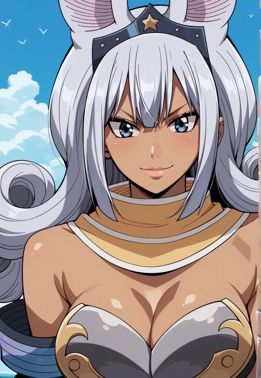 <lora:SwanFT-09:1> SwanFT, swan \(fairy tail\), fairy tail, animal ears, rabbit ears, long hair, dark-skinned female, cleavage, bare shoulders, looking at viewer, smile, blue eyes, large breasts, sky, grey hair, 16k, masterpiece, absurdes, highly detailed, highres, high quality, best quality, score_9, score_8_up, score_7_up, score_6_up, looking at viewer, portrait, upper body, close-up, bust