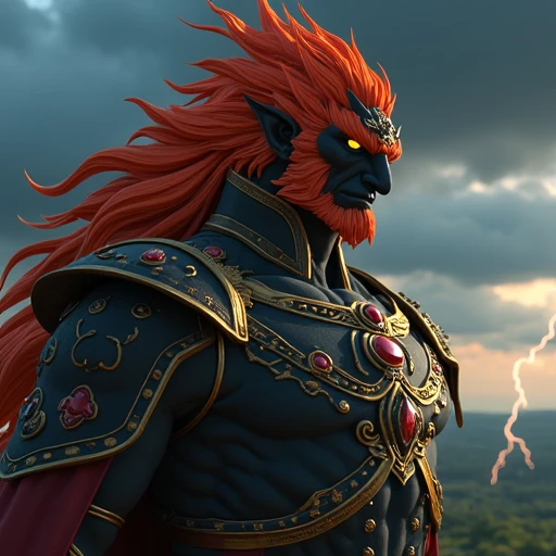 A hyper-realistic photograph of Ganondorf, showcasing his powerful and intimidating presence. His fiery red hair is styled into a menacing crown, and his glowing yellow eyes pierce through the shadows. His muscular form is clad in intricate, dark armor adorned with gold and crimson accents, capturing the essence of the Gerudo King. The background is a dramatic, stormy landscape with dark clouds swirling above, lightning illuminating the scene in the distance. The scene is filled with tension, as Ganondorf’s aura of malevolent power radiates from the image.