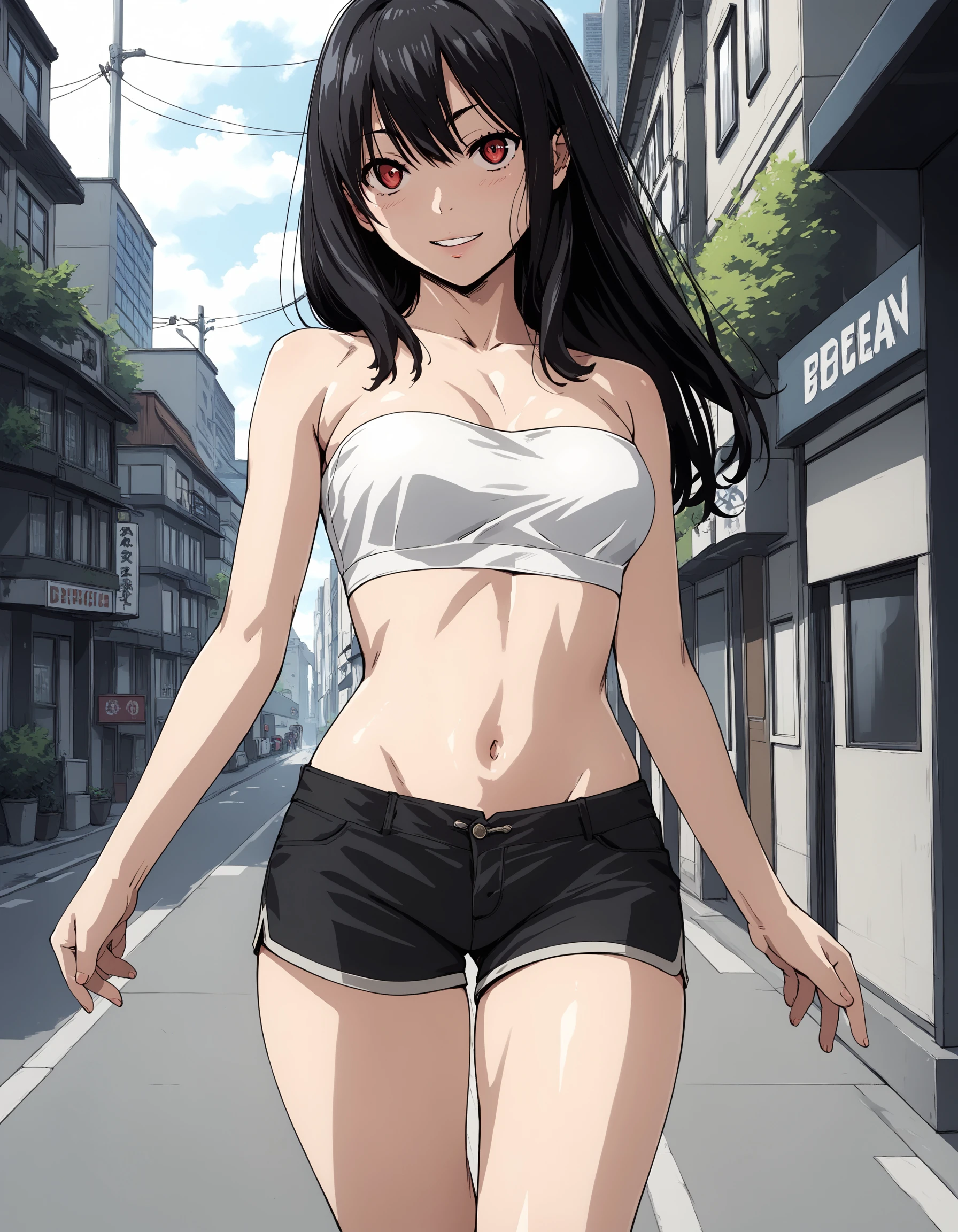 score_9, score_8_up, score_7_up
BREAK 1girl, <lora:MikaXL-v3:0.9>, m1ka, black hair, long hair, red eyes, white bandeau, midriff, navel, groin, shorts, looking at viewer, outdoors, city