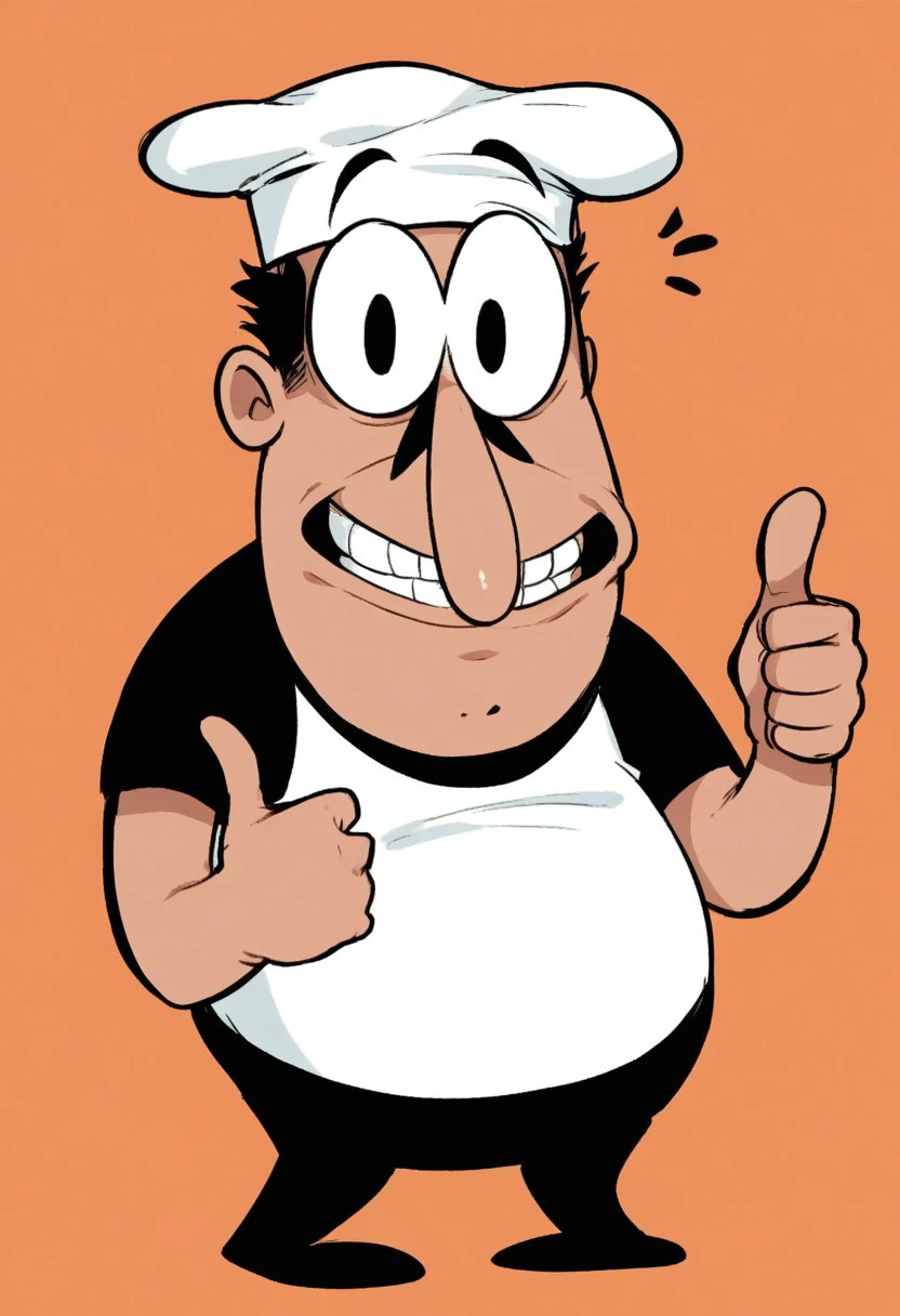 score_9, score_8_up, score_7_up, backlight, solo, male, masculine, cartoonish, plump body, wide face, fat, big eyes, black eyes, large nose, short mustache, short black hair, arm hair, round belly, cartoon style, 2d, white chef hat, black t-shirt, white apron, short sleeves, black pants, black shoes, orange background, looking at viewer, thumbs up, smile, mouth open