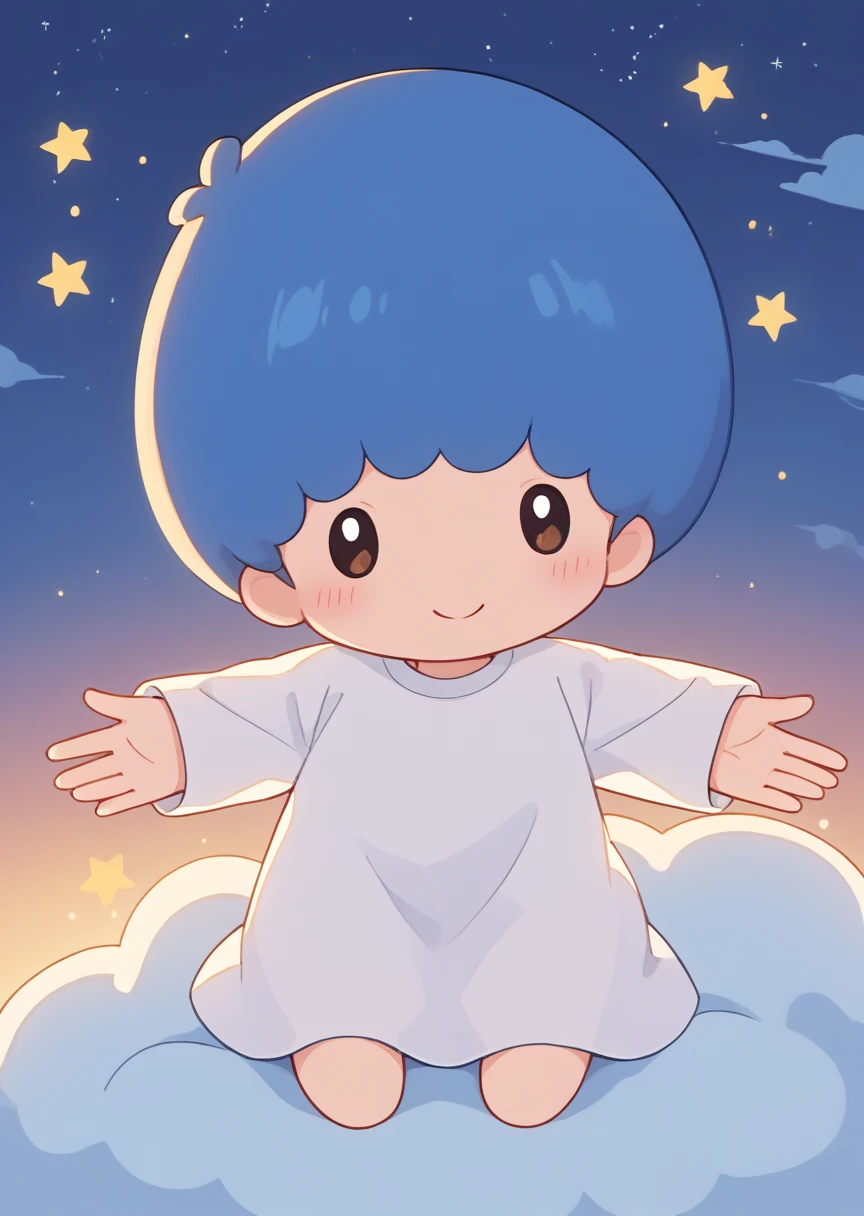 score_9, score_8_up, score_7_up, score_6_up, score_5_up, BREAK
kikitw1n, human, male, solo, blush, smile, short hair, shirt, long sleeves, 1boy, blue hair, white shirt, male focus, night sky, cloud, chibi, star (symbol), white dress, outstretched arms, no nose, sitting on cloud, portrait, barefoot