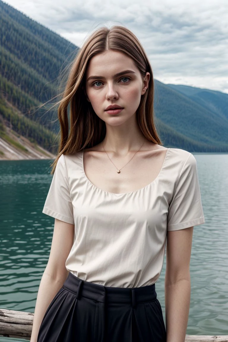 <lora:kawaii7.1.3_obj20:0.75:0.25>, European woman, closeup, sandals, (shirt), pants, (matterhorn), ZM_pamela, wide shoulders, perfect face, (contact iris: 1.1), pale skin, skin pores , depth of field