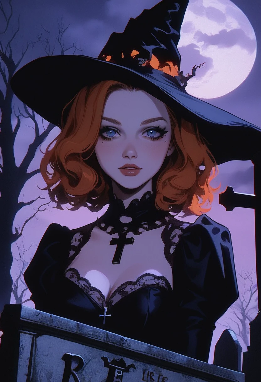 score_9, score_8_up, score_7_up, GLSHS, halloween, tombstone, graveyard, tree, moon, bare tree , 1girl, staring at viewer , black witch costume , orange hair , blue eyes , ((Masterpiece, high quality, best quality, beauty and aesthetics,detailed face)), outdoors, cross, sky, grave, full moon, cloud, night